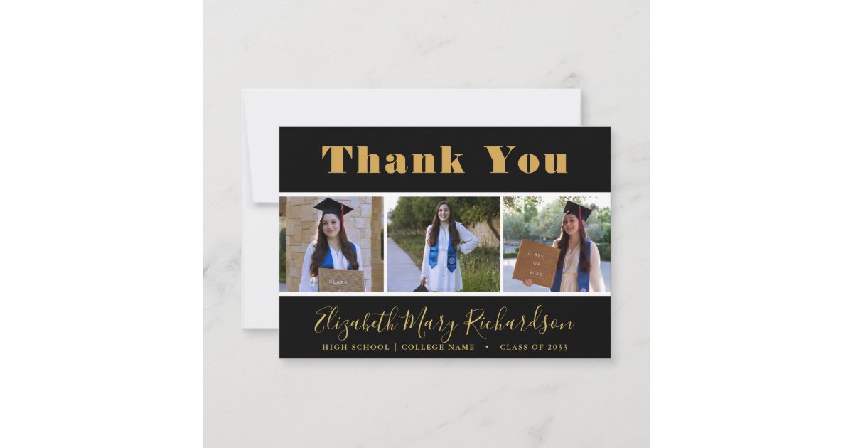 Modern Gold Script 3 Photo Graduation Thank You Card | Zazzle
