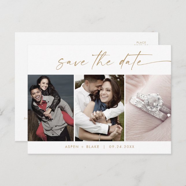 Modern Gold Script 3 Photo Template Save the Date (Front/Back)