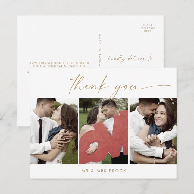 Modern Gold Script 3 Photo Template Thank You Postcard (Front/Back)