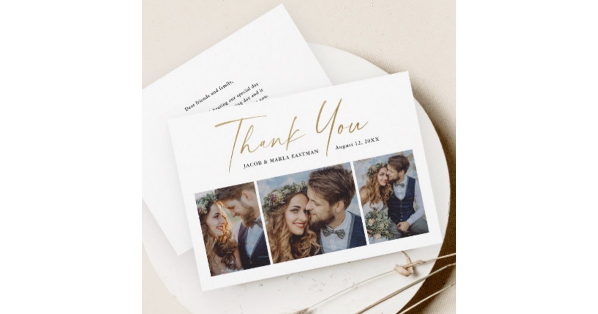 Modern Gold Script 3 Photo Wedding Thank You Card | Zazzle