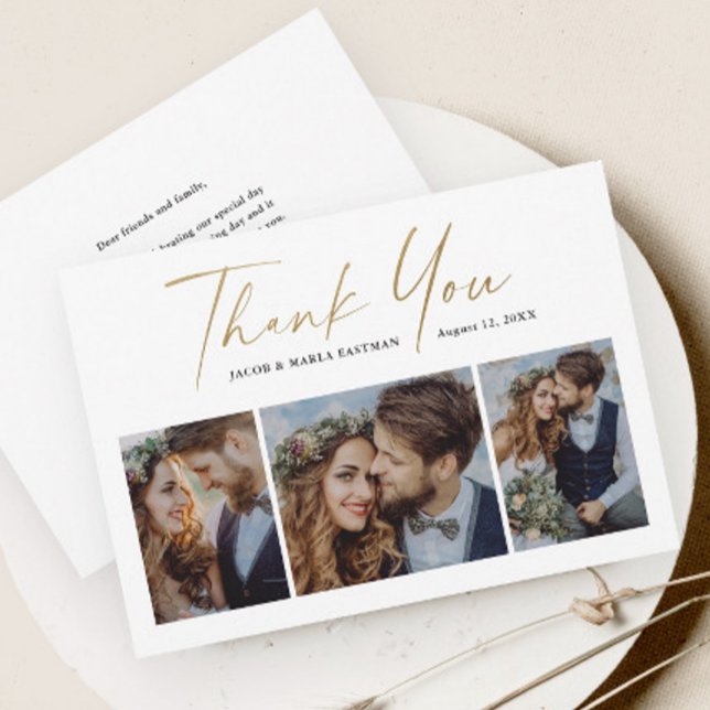 Modern Gold Script 3 Photo Wedding Thank You Card (Modern gold script 3 photo collage wedding thank you cards.)