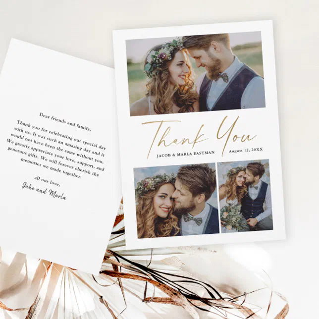 Modern Gold Script 3 Photo Wedding Thank You Card | Zazzle