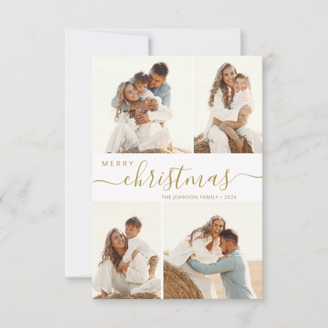 Modern Gold Script 4 Photo Christmas Holiday Card (Front)