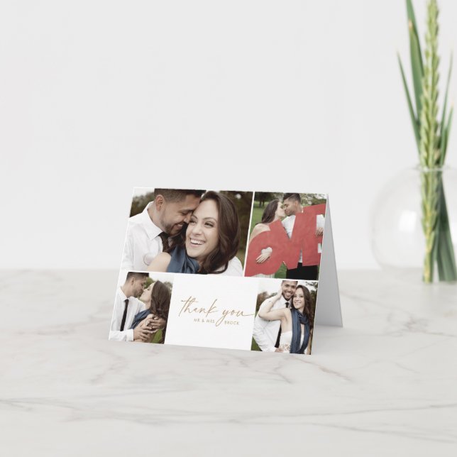 Modern Gold Script 4 Photo Collage Folded Wedding Thank You Card (Front)