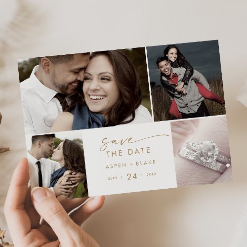 Modern Gold Script 4 Photo Collage Save The Date
