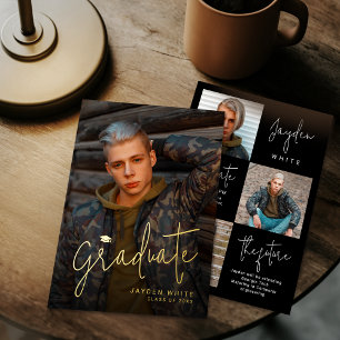 Modern Gold Script 4 Photo Graduation Announcement