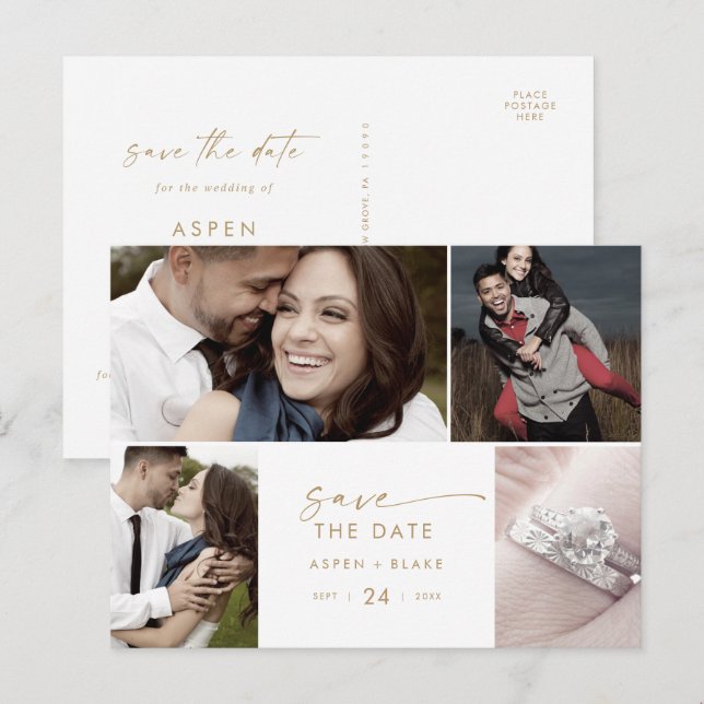 Modern Gold Script 4 Photo Template Save the Date (Front/Back)