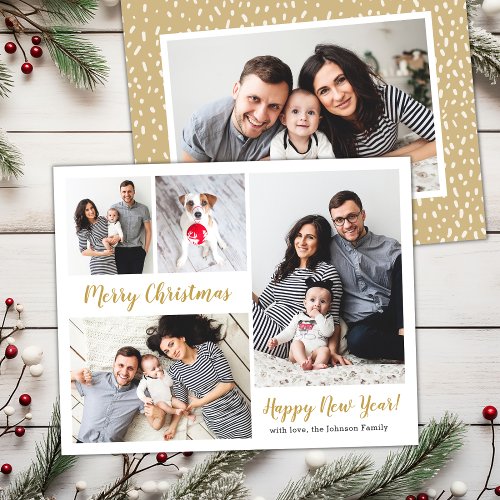 Modern Gold Script 5 Photo Collage Christmas Cards