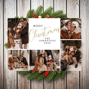 Modern Gold Script 5 Photo Grid Family Christmas Holiday Card
