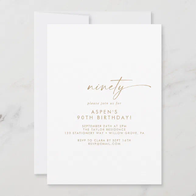 Modern Gold Script 90th Birthday Party Invitation | Zazzle