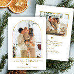 Modern Gold Script Arch 2 Photo Merry Christmas Holiday Card<br><div class="desc">Minimalist Elegant Gold Script Arch 2 Photo Merry Christmas Script Holiday Card. This festive, modern simple, two (2) photo holiday greeting card template featuring „Merry Christmas” text in a whimsical hand lettered whimsical swirly swash-tail font calligraphy script in gold and white. On the back side with your greeting message template...</div>