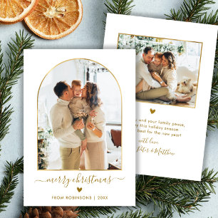 Modern Gold Script Arch 2 Photo Merry Christmas Holiday Card