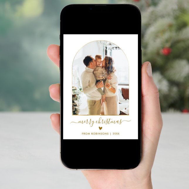 Modern Gold Script Arch 2 Photo Merry Christmas Holiday Card (Front Digital)