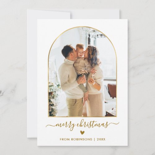 Modern Gold Script Arch 2 Photo Merry Christmas Holiday Card