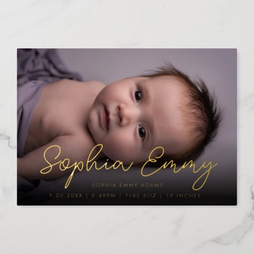 Modern Gold Script Baby Birth Announcement Card