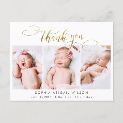 Modern Gold Script Baby Photo Collage Thank You Postcard
