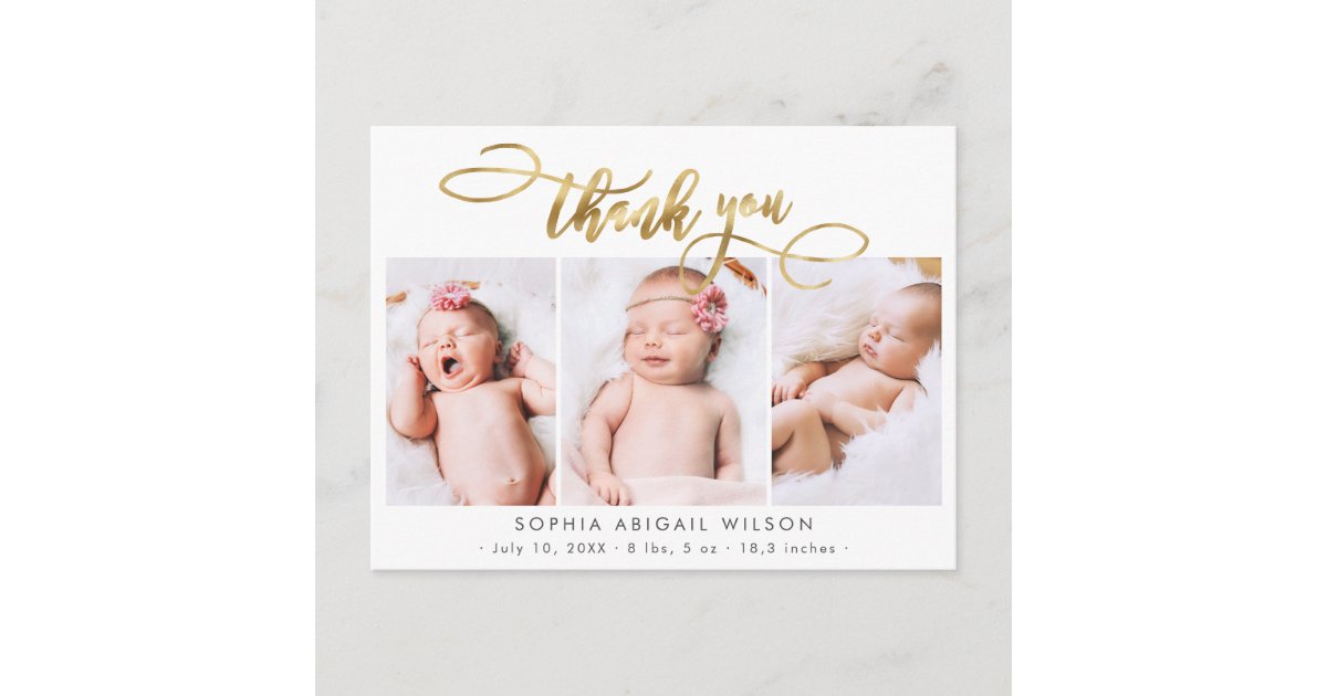 Modern Gold Script Baby Photo Collage Thank You Postcard | Zazzle
