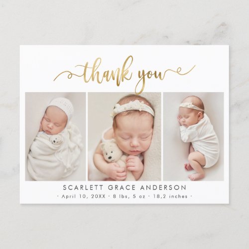 Modern Gold Script Baby Photo Collage Thank You Postcard