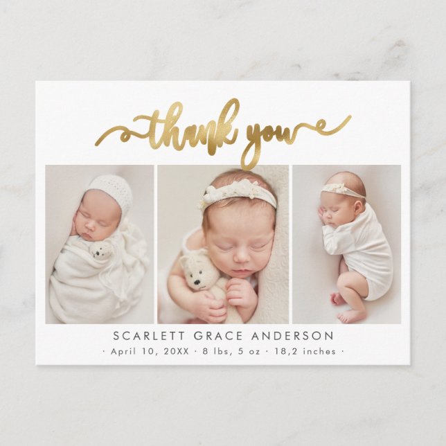 Modern Gold Script Baby Photo Collage Thank You Postcard (Front)