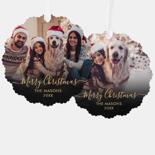 Modern Gold Script Black 2 Photo Christmas Ornament Card