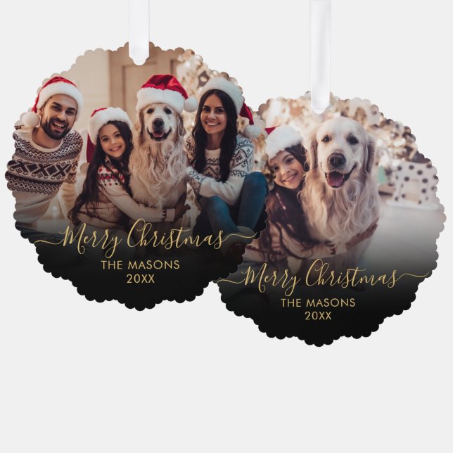 Modern Gold Script Black 2 Photo Christmas Ornament Card (Front/Back)