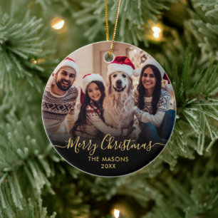 Modern Gold Script Black 2 Photo Merry Christmas Ceramic Ornament
