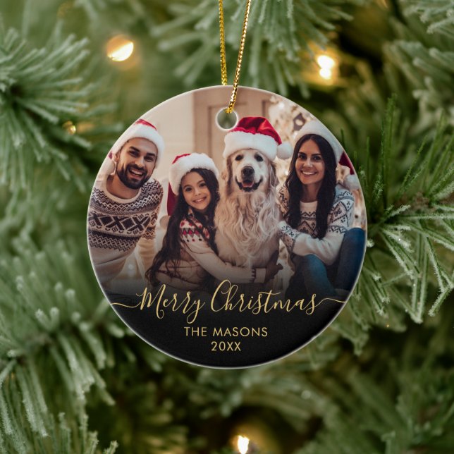 Modern Gold Script Black 2 Photo Merry Christmas  Ceramic Ornament (Tree)