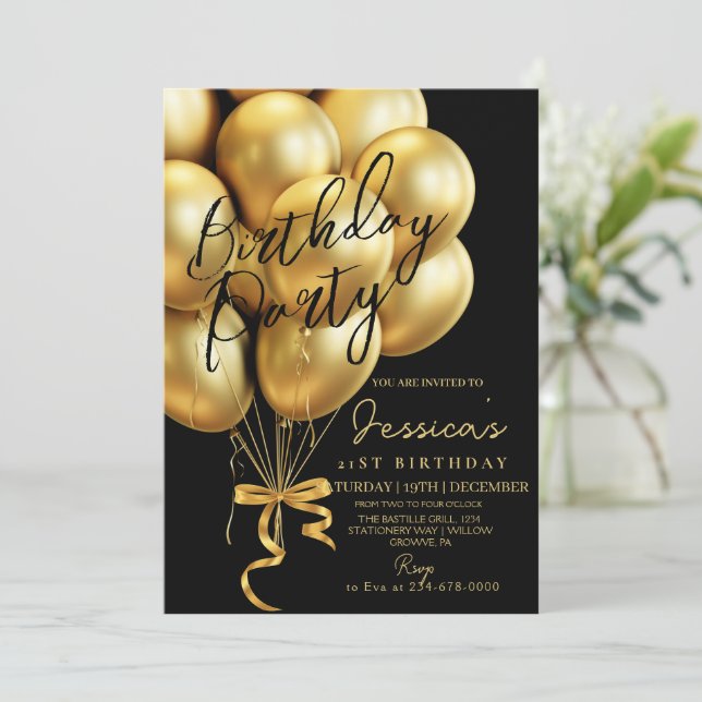 Modern Gold Script Black Birthday Party Invitation (Standing Front)