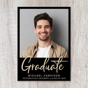 Modern Gold Script Black Photo Graduation Announcement