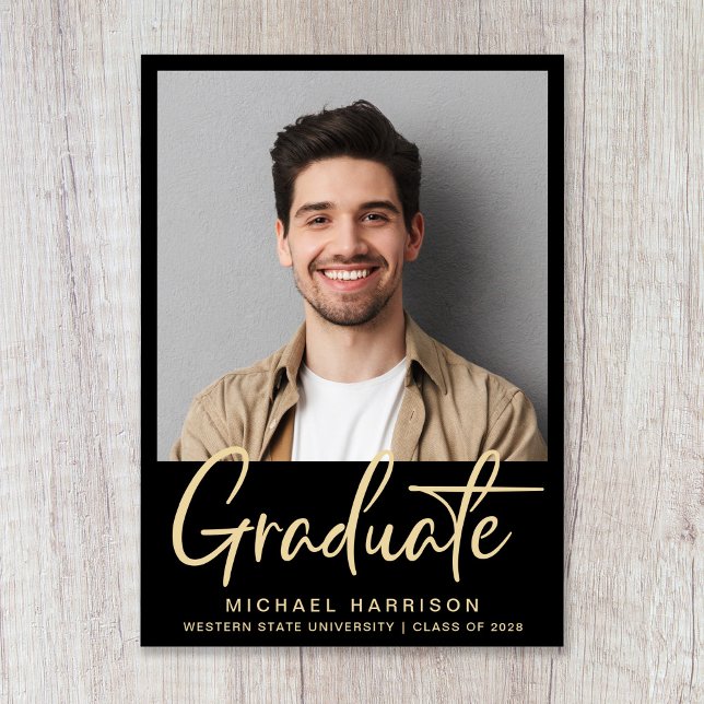 Modern Gold Script Black Photo Graduation Announcement (Modern Gold Script Black Photo Graduation Announcement)