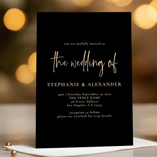 Modern Gold Script Black QR Code Wedding  Invitation