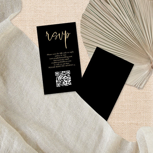 Modern Gold Script Black QR Code Wedding RSVP  Enclosure Card