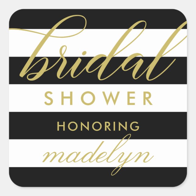 Modern Gold Script Black Stripe Bridal Square Sticker (Front)