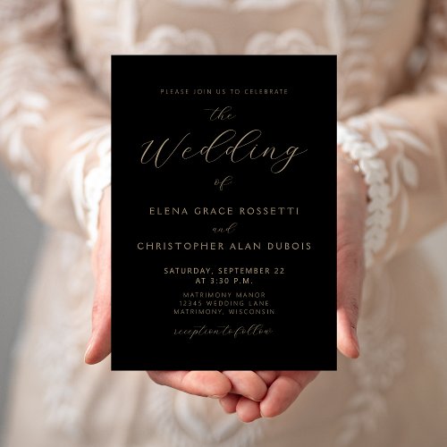 Modern Gold Script Black Wedding Invitation