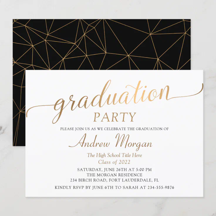 Modern Gold Script Black & White Graduation Party Invitation | Zazzle