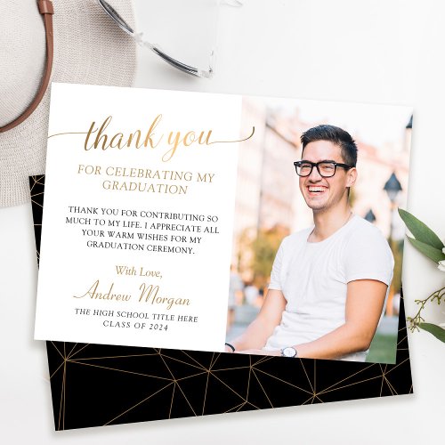 Modern Gold Script Black  White Graduation Photo Thank You Card