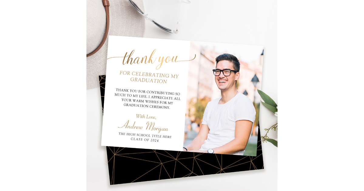 Modern Gold Script Black & White Graduation Photo Thank You Card | Zazzle