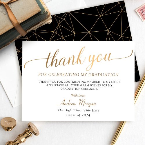 Modern Gold Script Black  White Graduation Thank You Card