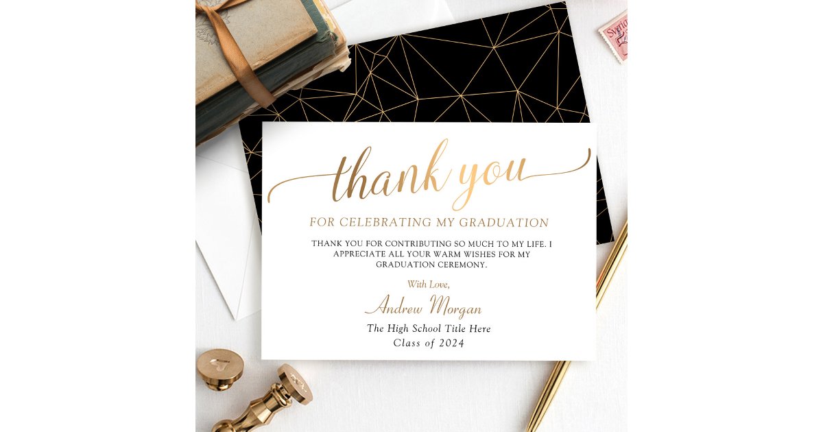 Modern Gold Script Black & White Graduation Thank You Card | Zazzle