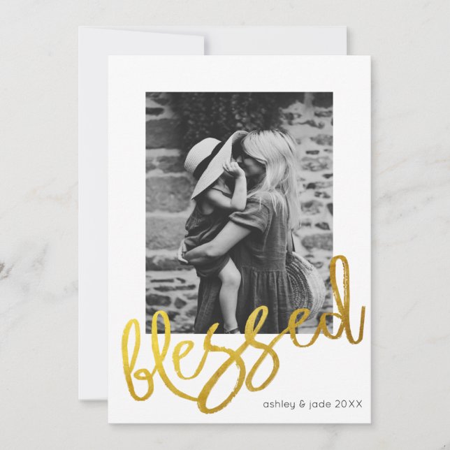 Modern Gold script blessed photo overlay family Announcement (Front)