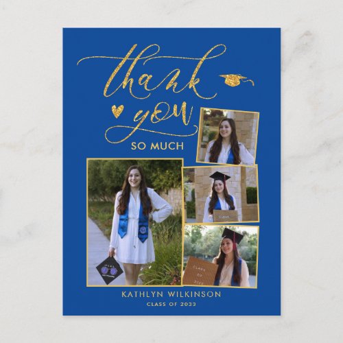 Modern Gold Script Blue Photo Graduation Thank You Postcard