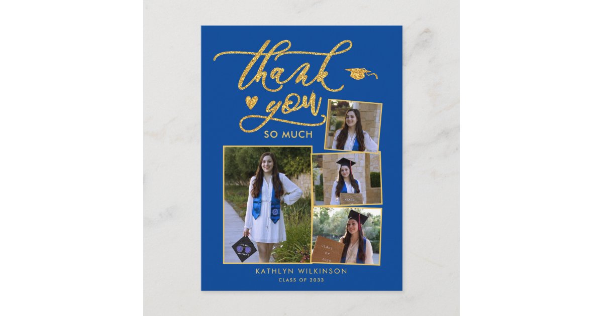 Modern Gold Script Blue Photo Graduation Thank You Postcard | Zazzle