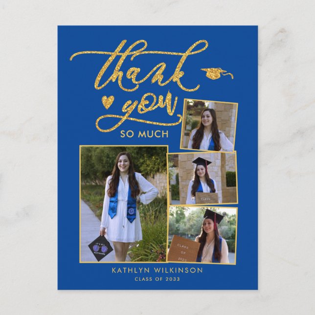 Modern Gold Script Blue Photo Graduation Thank You Postcard (Front)