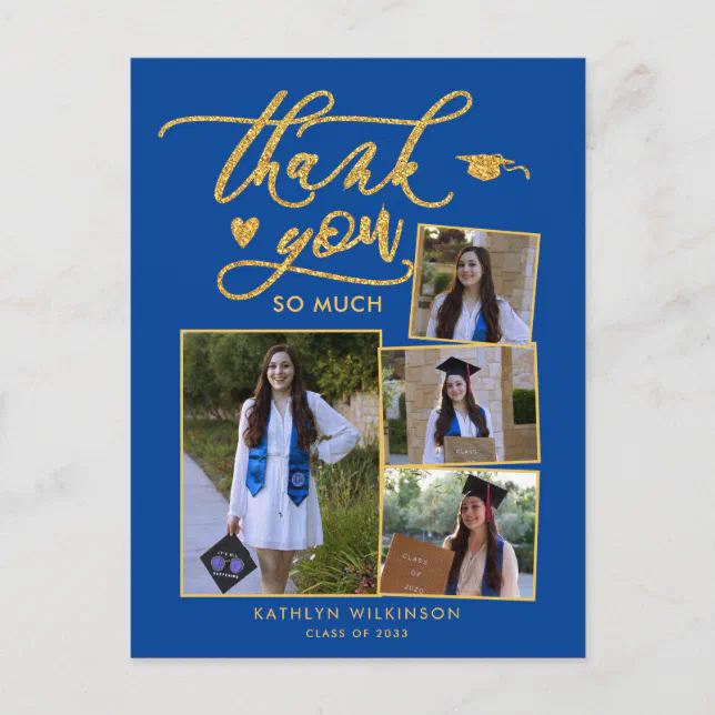 Modern Gold Script Blue Photo Graduation Thank You Postcard | Zazzle