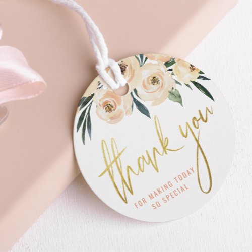 Modern Gold Script Blush Flowers Thank You Favor Tags