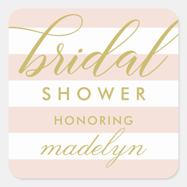 Modern Gold Script Blush Stripes Bridal Shower Square Sticker (Front)