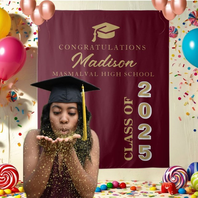  Modern  Gold Script Burgundy Graduation Tapestry (Creator Uploaded)