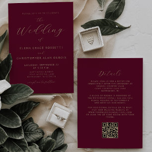 Modern Gold Script Burgundy QR Code Wedding Invitation