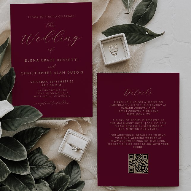 Modern Gold Script Burgundy QR Code Wedding Invitation (Creator Uploaded)