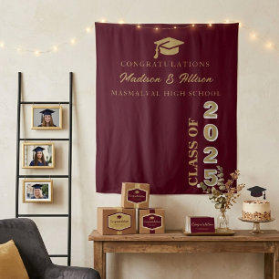  Modern Gold Script Burgundy Twin Graduation Tapestry